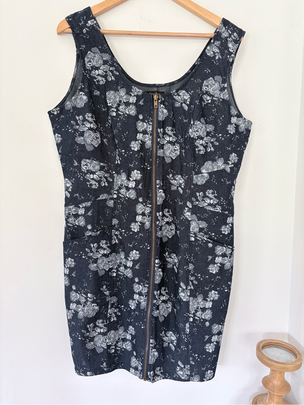 Papillon Denim Floral Mini Dress Full Zip Closure With Pockets Size XL 36”Long